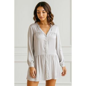 KOCH Soft Gray Satin Button Up Tunic Dress Size Small